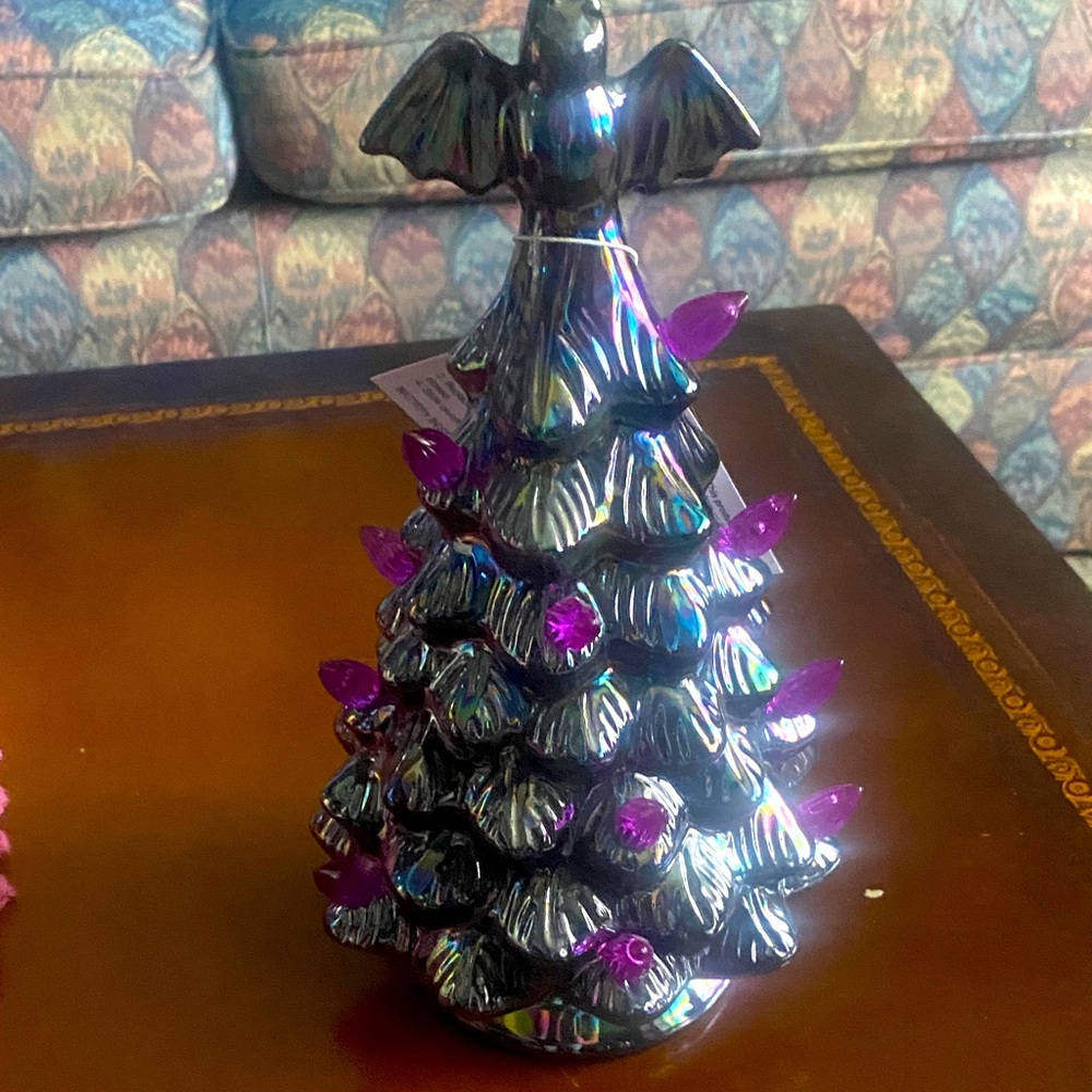 Iridescent Tree with bat on top is black iridescent with purple lights New! - Picture 3 of 4